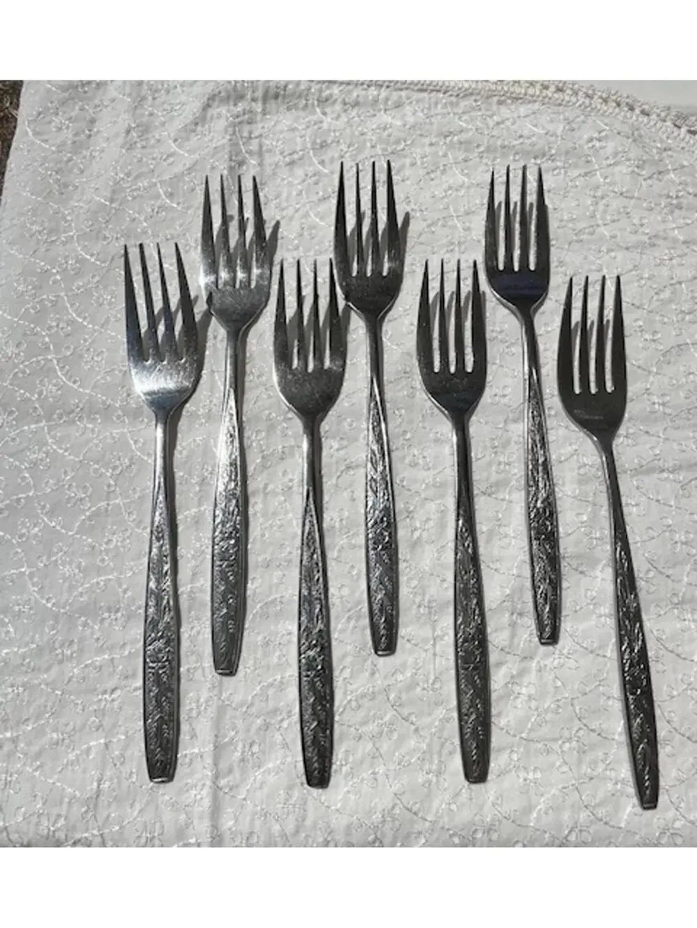 Set of 7 Stanley Roberts Glossy Etched Rose Floral Silver Forks Made in Korea